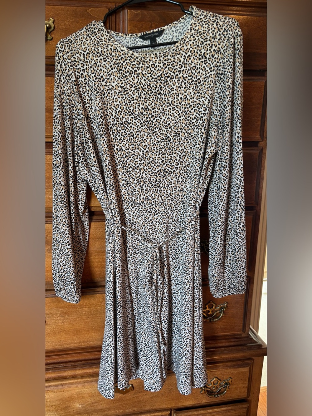 Banana Republic Leopard Print Long-Sleeve Tie-Waist Dress - Beige/Black